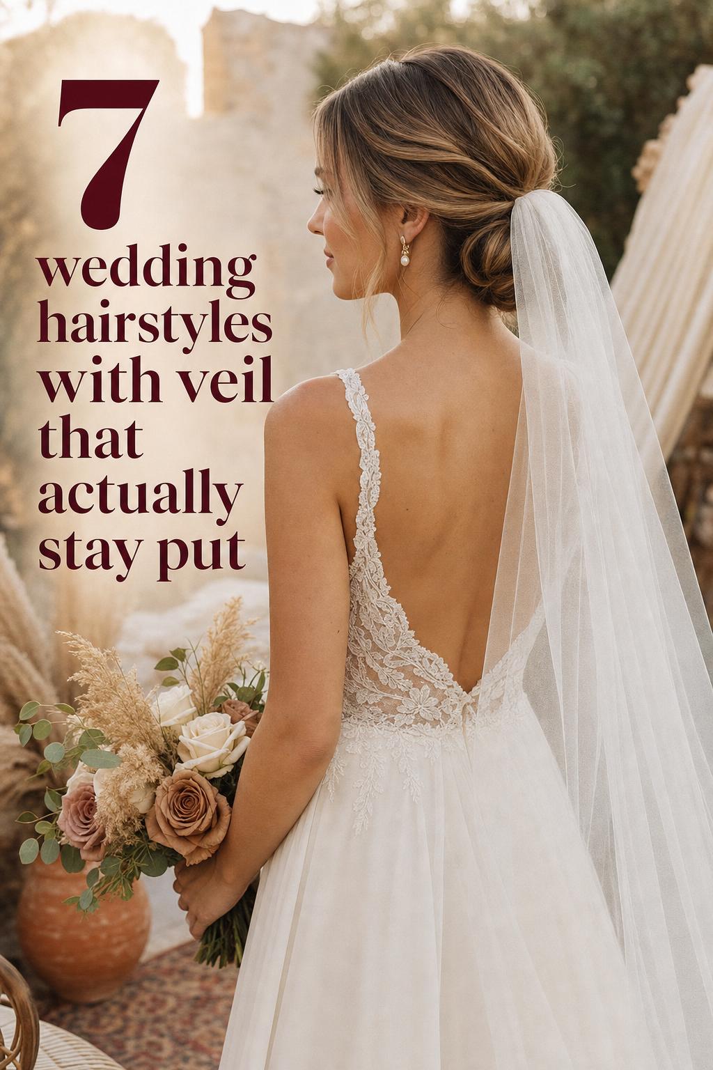 Bride in ivory gown with low chignon and fingertip veil at golden hour, showcasing wedding hairstyles with veil