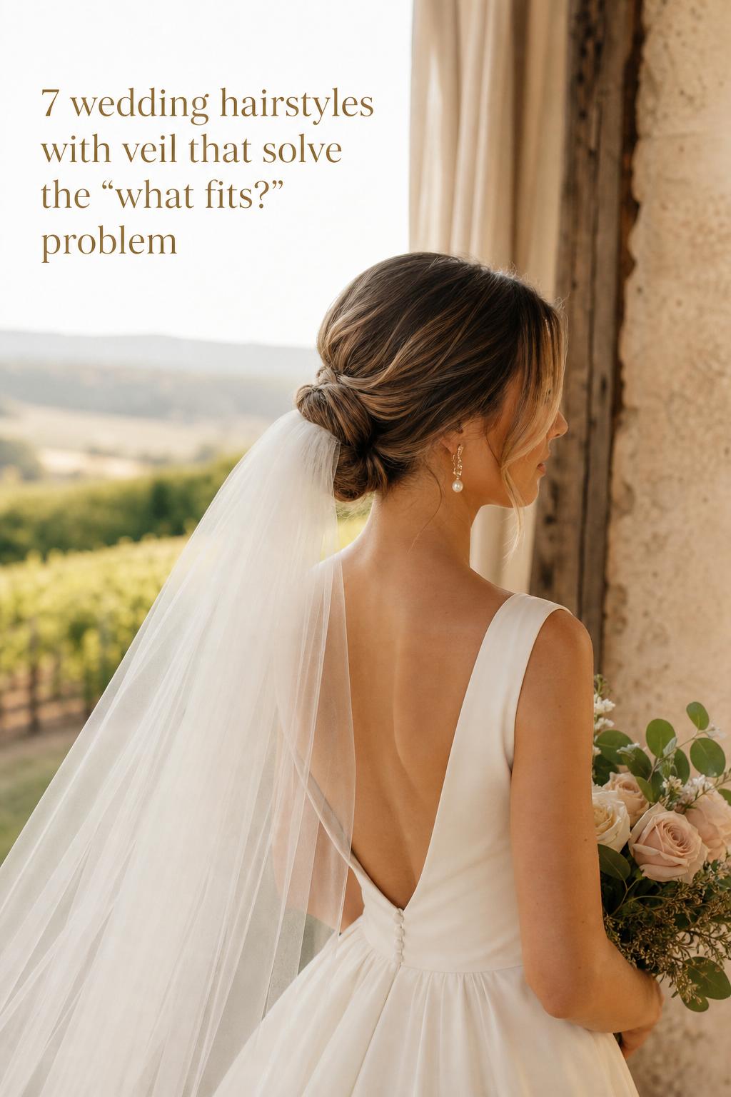 Wedding hairstyles with veil: bride in golden-hour vineyard wearing a low chignon with tulle veil pinned beneath the bun