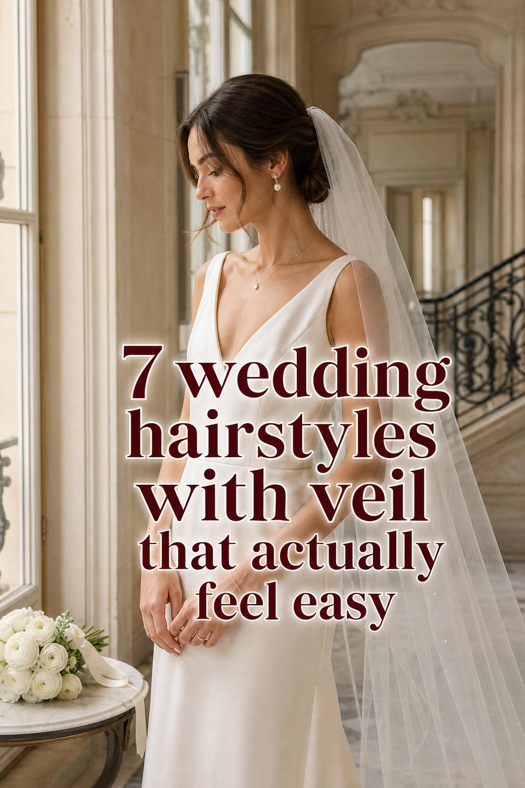 Bride in Paris hotel hallway wearing ivory dress and tulle veil, showcasing wedding hairstyles with veil in soft daylight