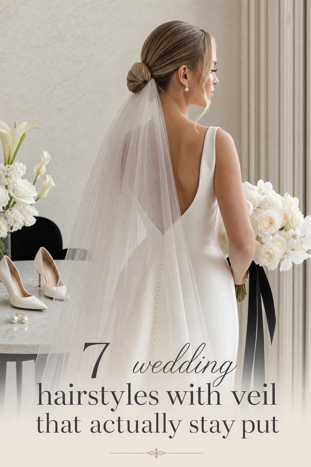 Bride in satin gown with low bun and tulle veil, showcasing wedding hairstyles with veil in a luxury monochrome suite