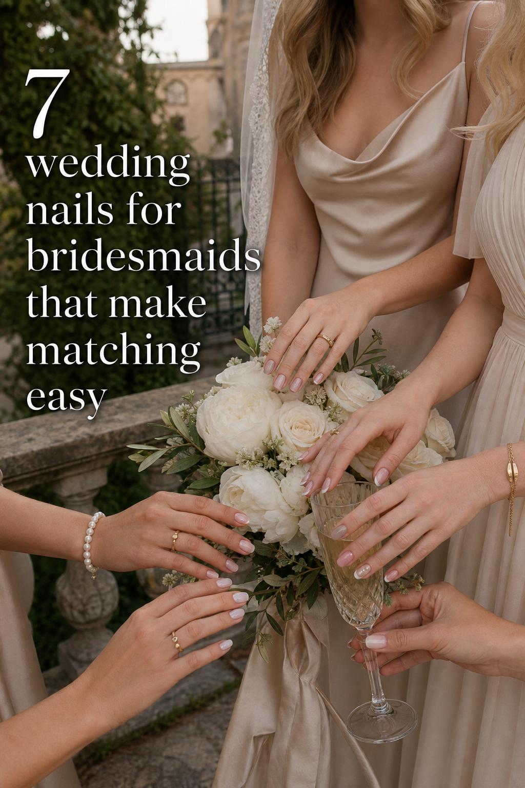 Wedding nails for bridesmaids showcased on elegant hands around a bouquet and champagne flute at a European garden wedding.