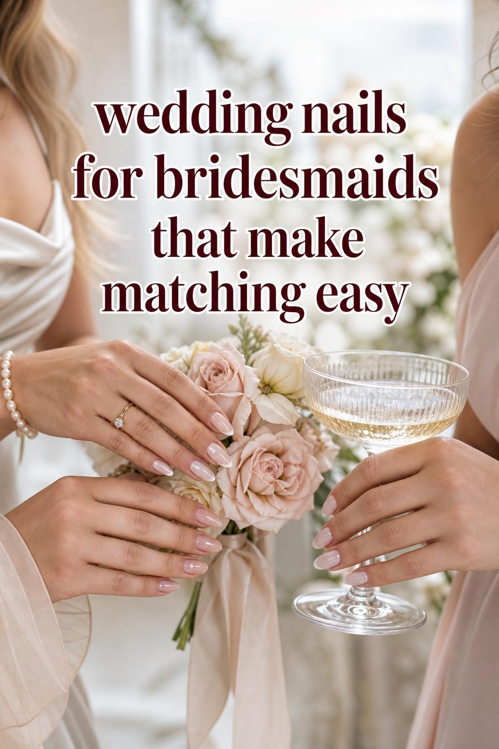 Wedding nails for bridesmaids with glossy neutral manicures, hands around bouquet and champagne in bright bridal suite.