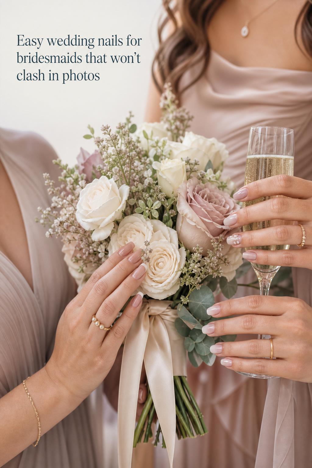 Wedding nails for bridesmaids with neutral manicures holding bouquet and champagne flute in a soft garden wedding close-up