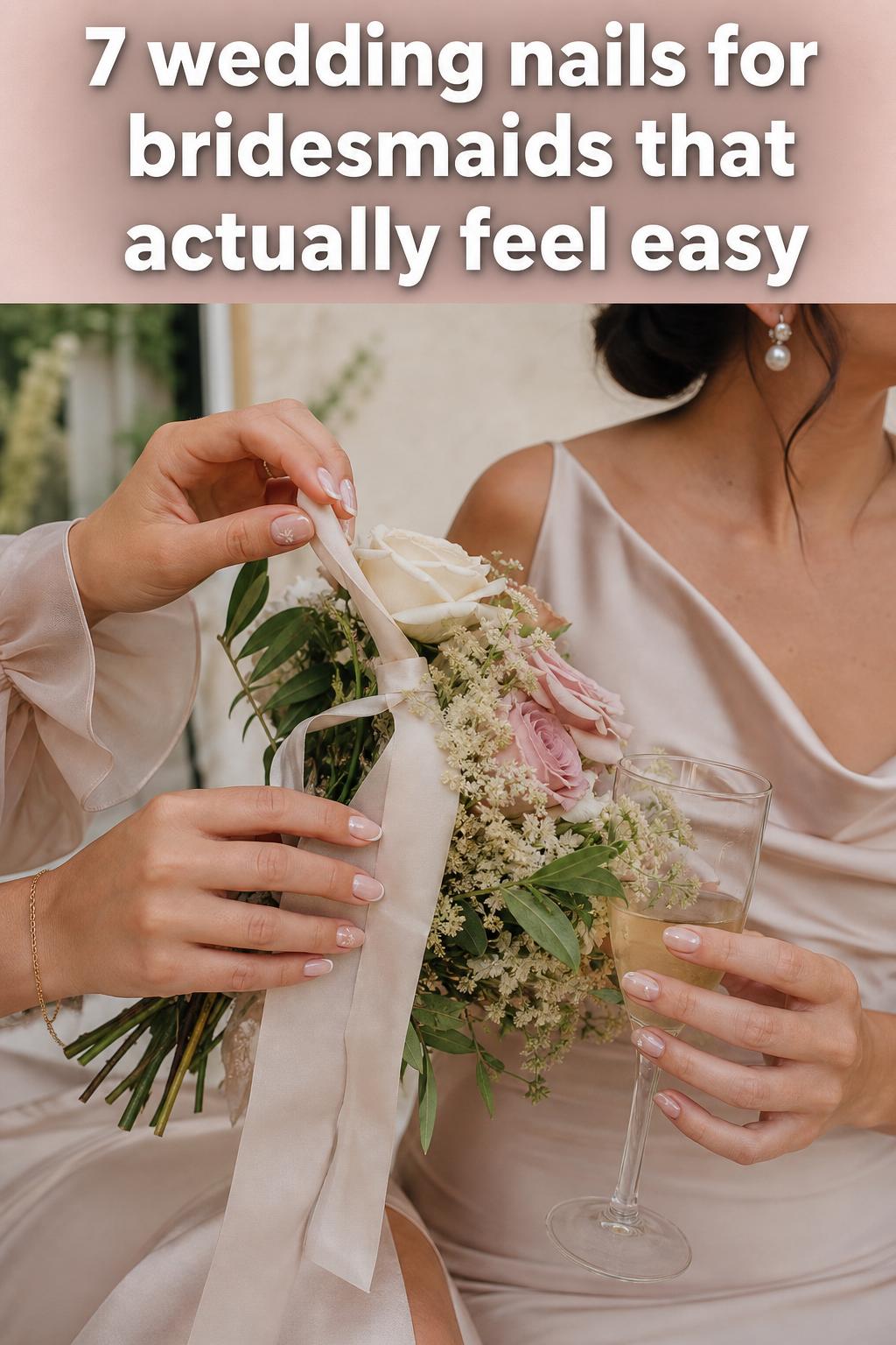 Wedding nails for bridesmaids with soft nude polish and delicate floral accents in a close-up bridal party manicure