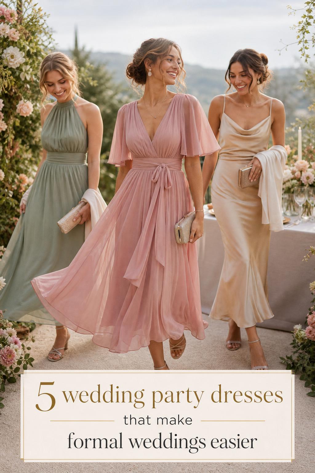 Wedding party dresses in blush, sage, and champagne chiffon and satin, three elegant women in a romantic garden venue