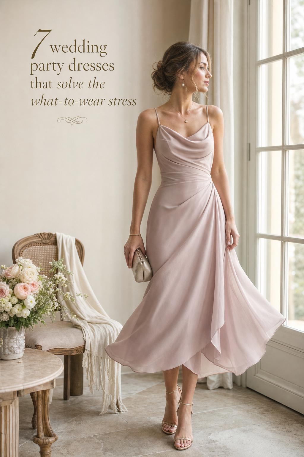 Wedding party dresses inspiration: bridesmaid in flowing chiffon midi dress by a sunlit window with bouquet and clutch