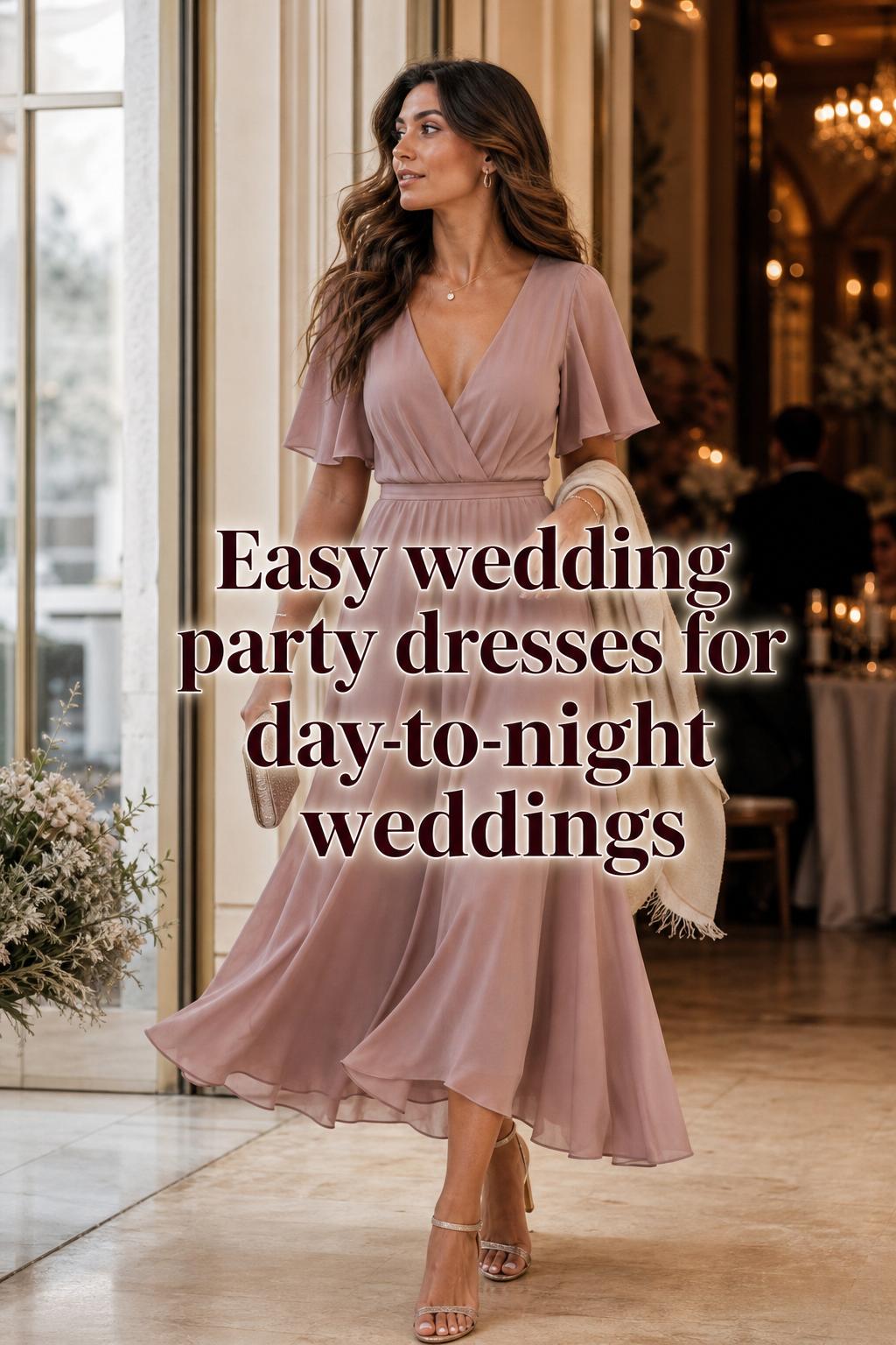 Wedding party dresses in dusty rose chiffon midi, editorial bridal fashion scene in luxury venue with day-to-night lighting