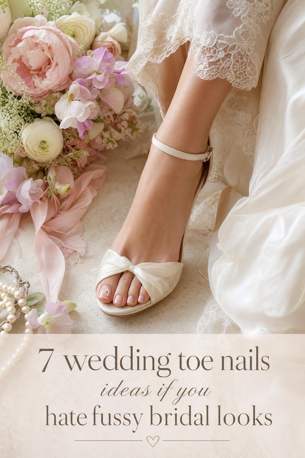 Wedding toe nails in soft blush nude polish with minimal rhinestone accents, shown in elegant bridal sandals in soft daylight.