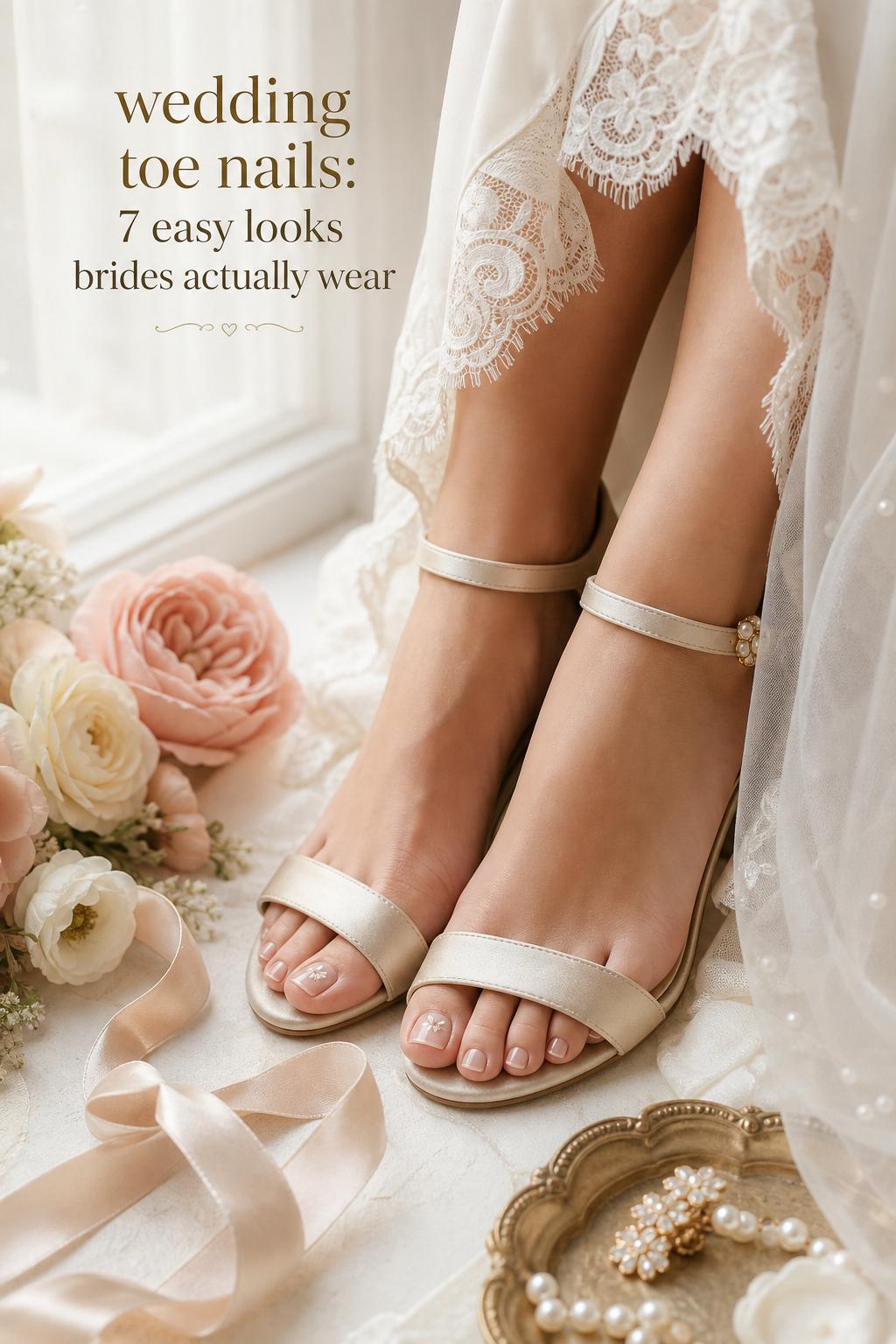 Wedding toe nails close-up in soft window light with blush pedicure, ivory satin heels, and bridal details by a window
