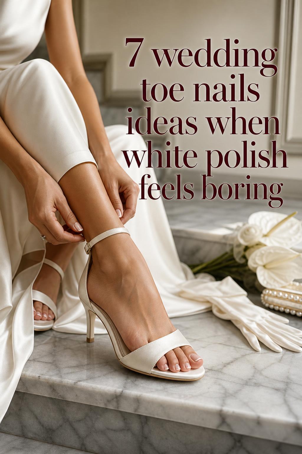 Wedding toe nails with blush nude micro-French tips in ivory satin open-toe heel on marble stairs, bridal editorial close-up