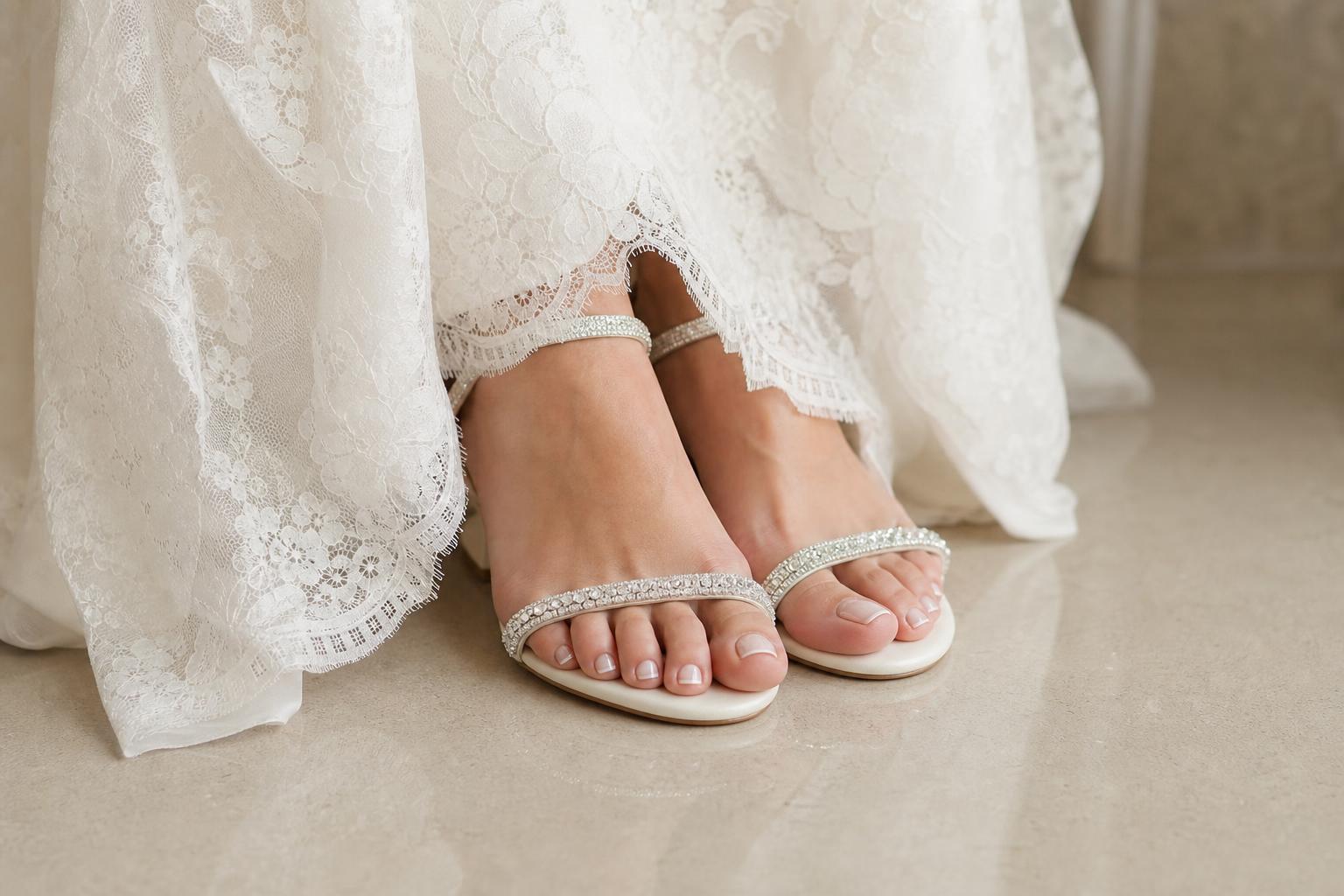 Wedding toe nails with glossy nude-pink polish and a soft French tip, styled in elegant open-toe bridal sandals