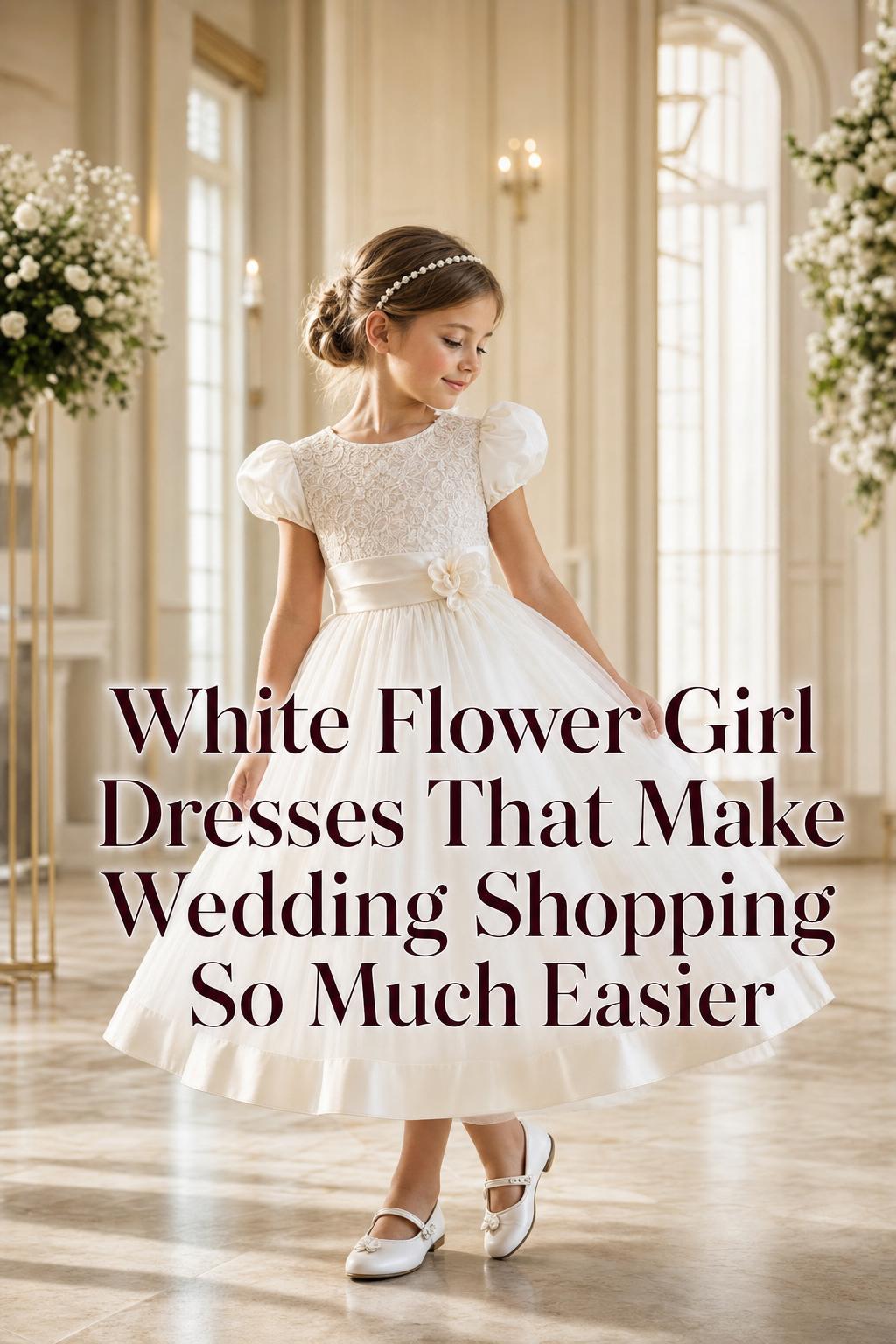 Stylish child in ivory satin and tulle dress in a luxury venue, featuring white flower girl dresses with text overlay
