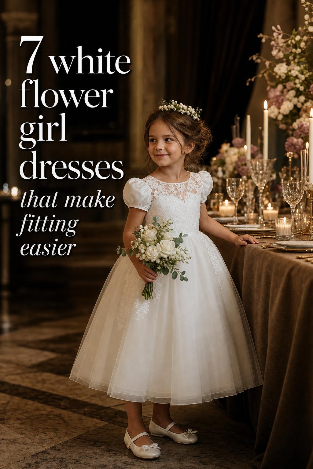 White flower girl dresses in a candlelit wedding reception, young flower girl by elegant table with ivory bouquet