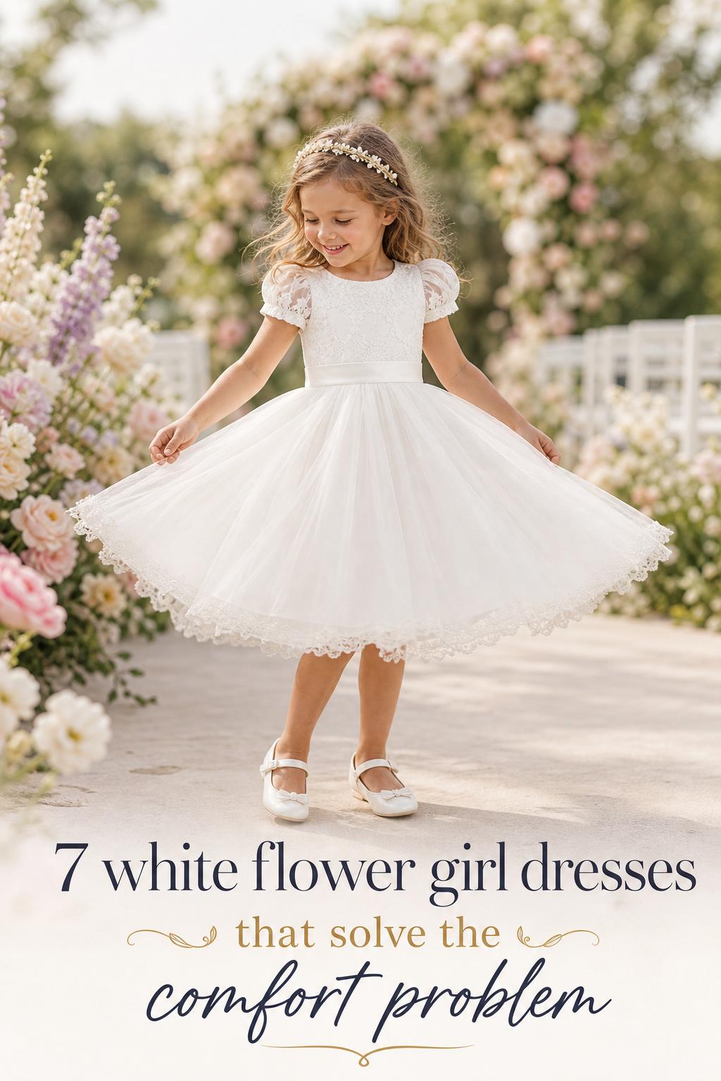 White flower girl dresses in a garden wedding, young girl twirling in an ivory lace and tulle dress at golden hour
