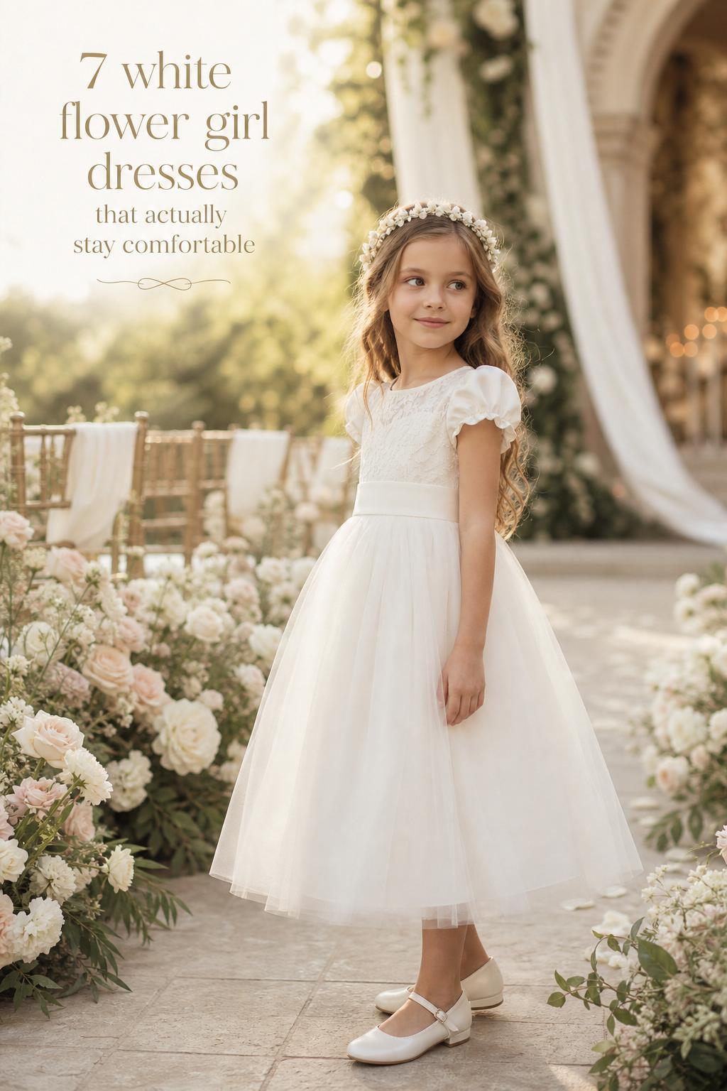 White flower girl dresses in golden garden light, featuring a young girl in ivory satin and tulle with lace bodice by a wedding aisle