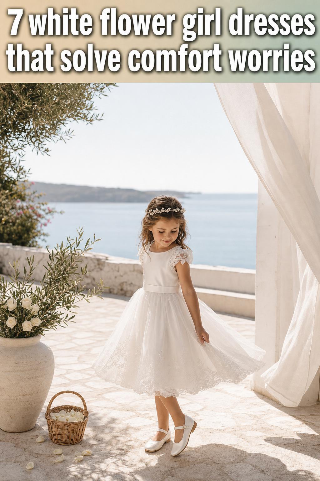White flower girl dresses with lace bodice and tulle skirt on a young girl at a wedding ceremony