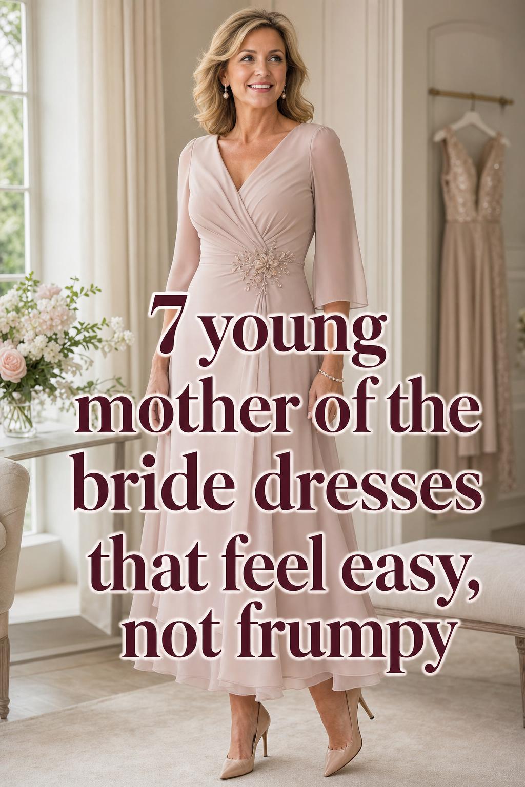 Young mother of the bride dresses in a bright bridal suite, chic midi chiffon-and-crepe look with pearl earrings