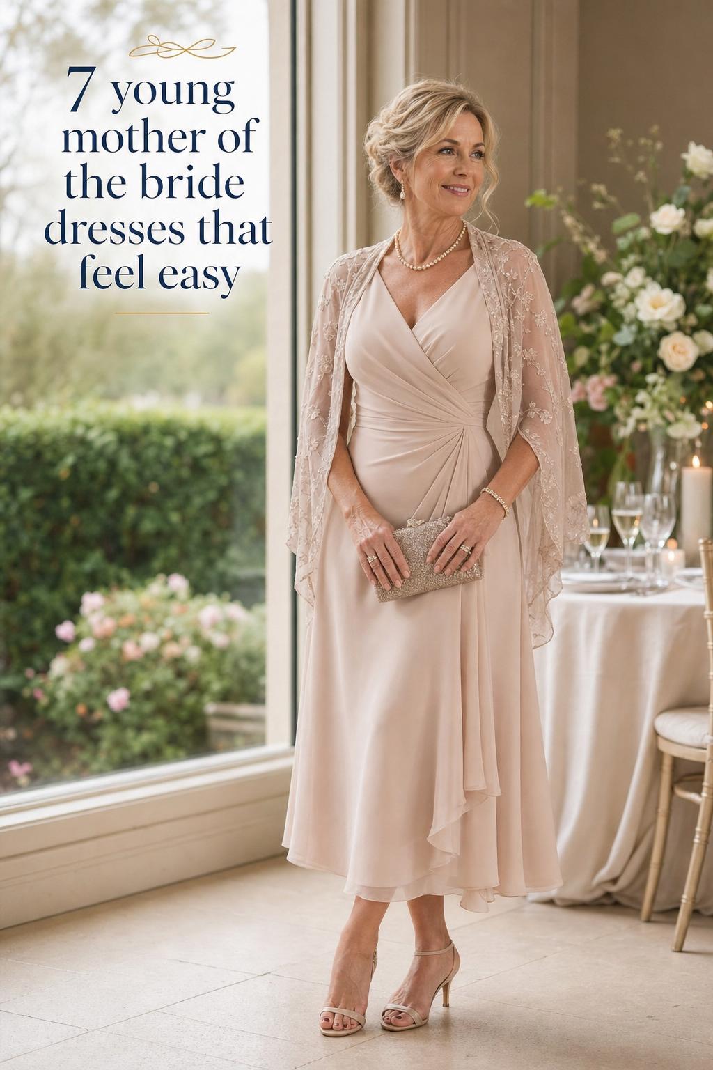 Elegant woman in champagne midi dress by window, showcasing young mother of the bride dresses in an upscale wedding venue