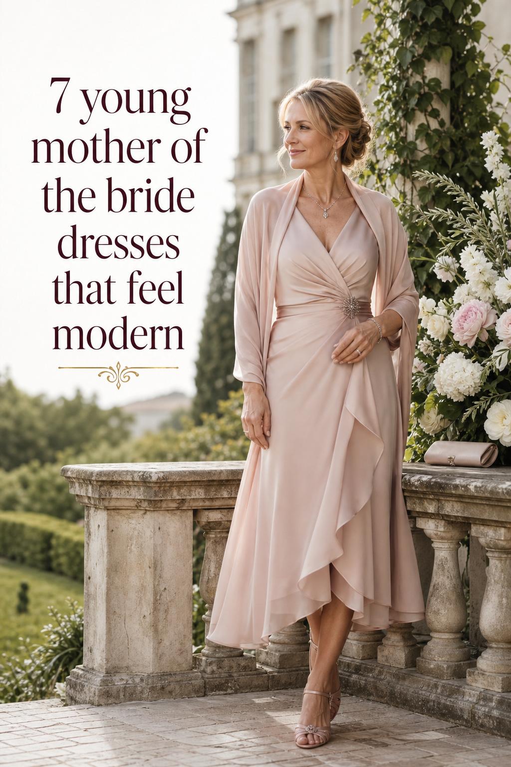 Elegant European villa garden photo of young mother of the bride dresses in soft champagne midi chiffon with wrap