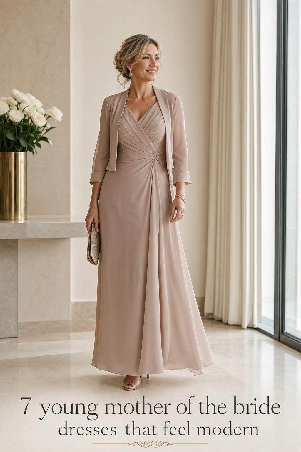 Elegant woman in modern champagne gown in bright hotel suite, showcasing young mother of the bride dresses.