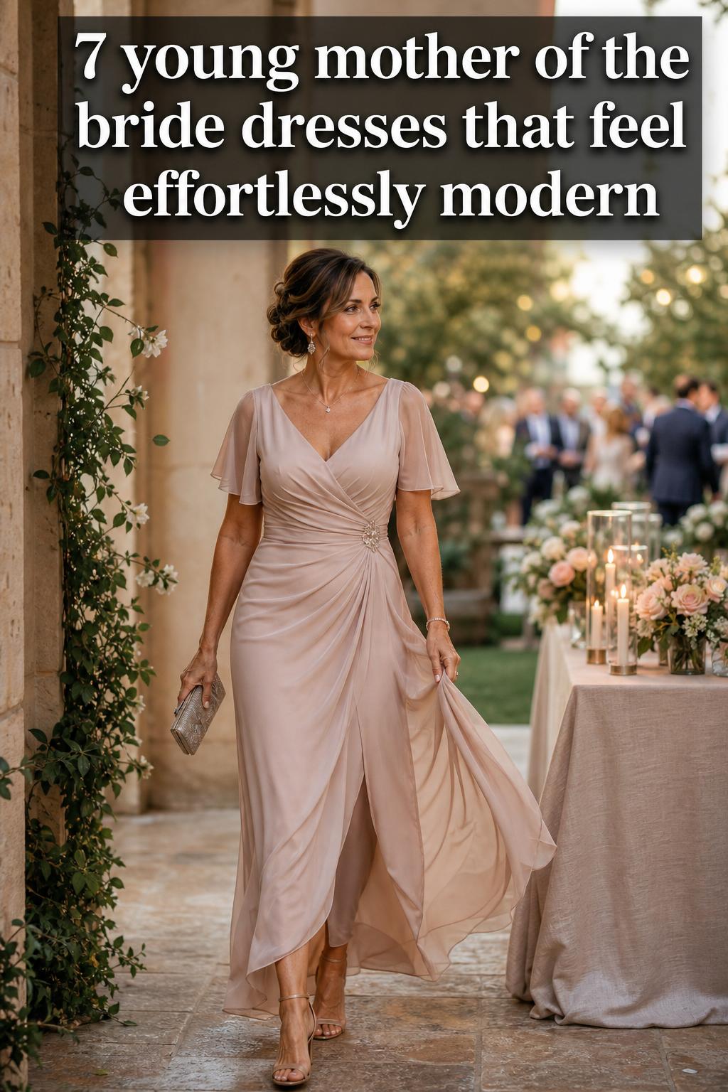 Young mother of the bride dresses in elegant pastel gowns at a formal wedding boutique