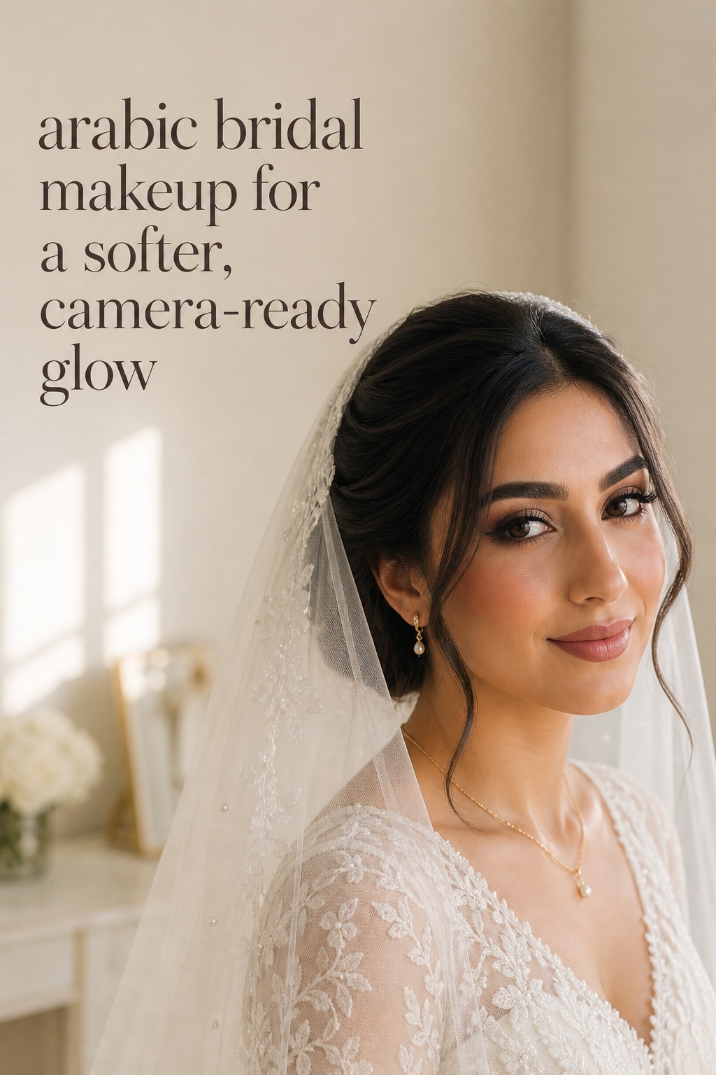 arabic bridal makeup on a veiled bride with soft taupe eyes and rose nude lips