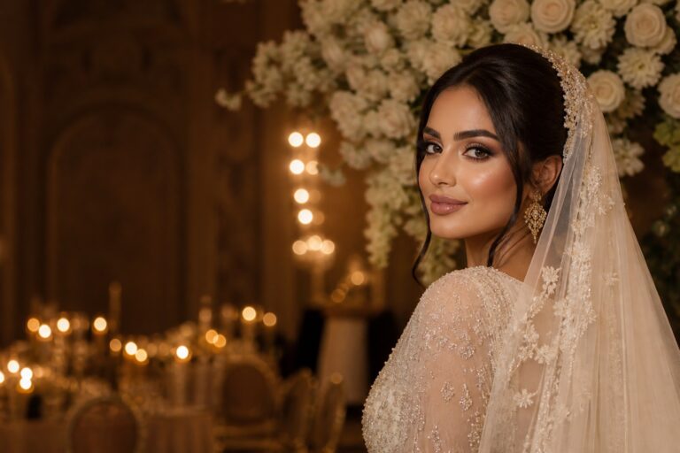 arabic bridal makeup on a bride at an elegant candlelit wedding reception