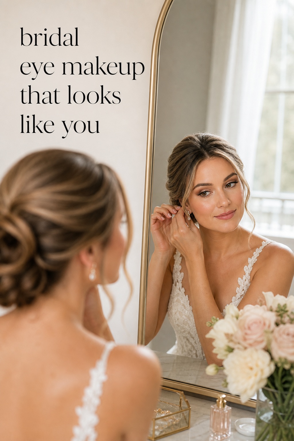 Bridal eye makeup that looks like you in a bright wedding morning dressing room