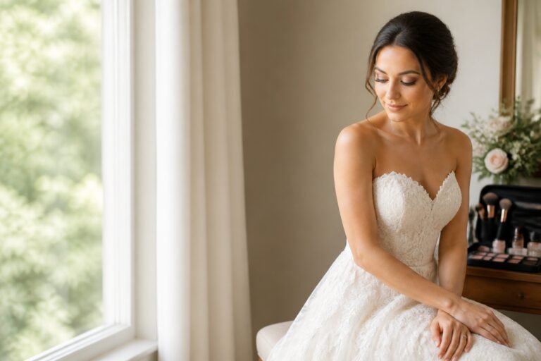 Bridal eye makeup in a wide wedding morning beauty scene