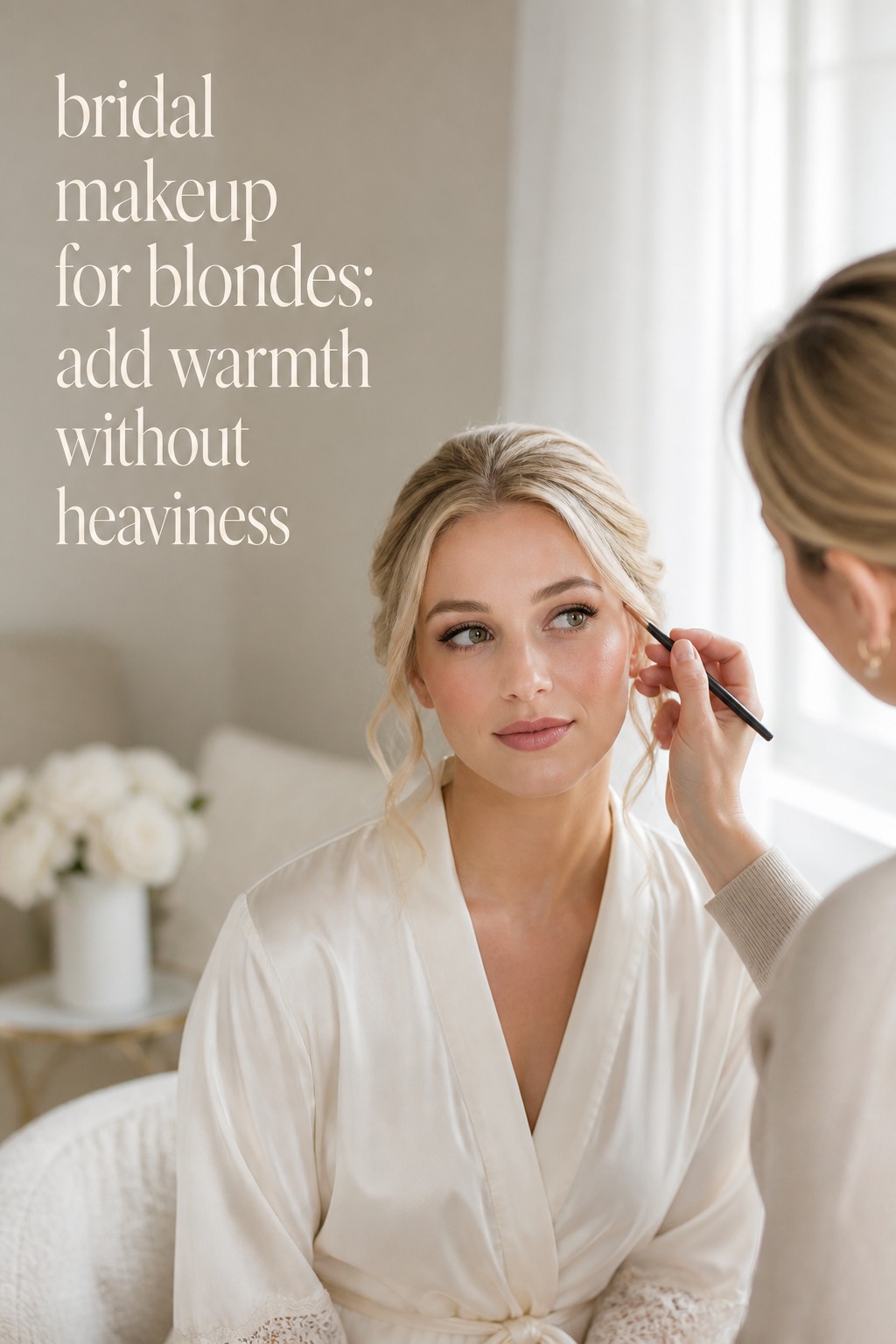 Bridal makeup for blondes with soft warmth, luminous skin, and a makeup artist at work