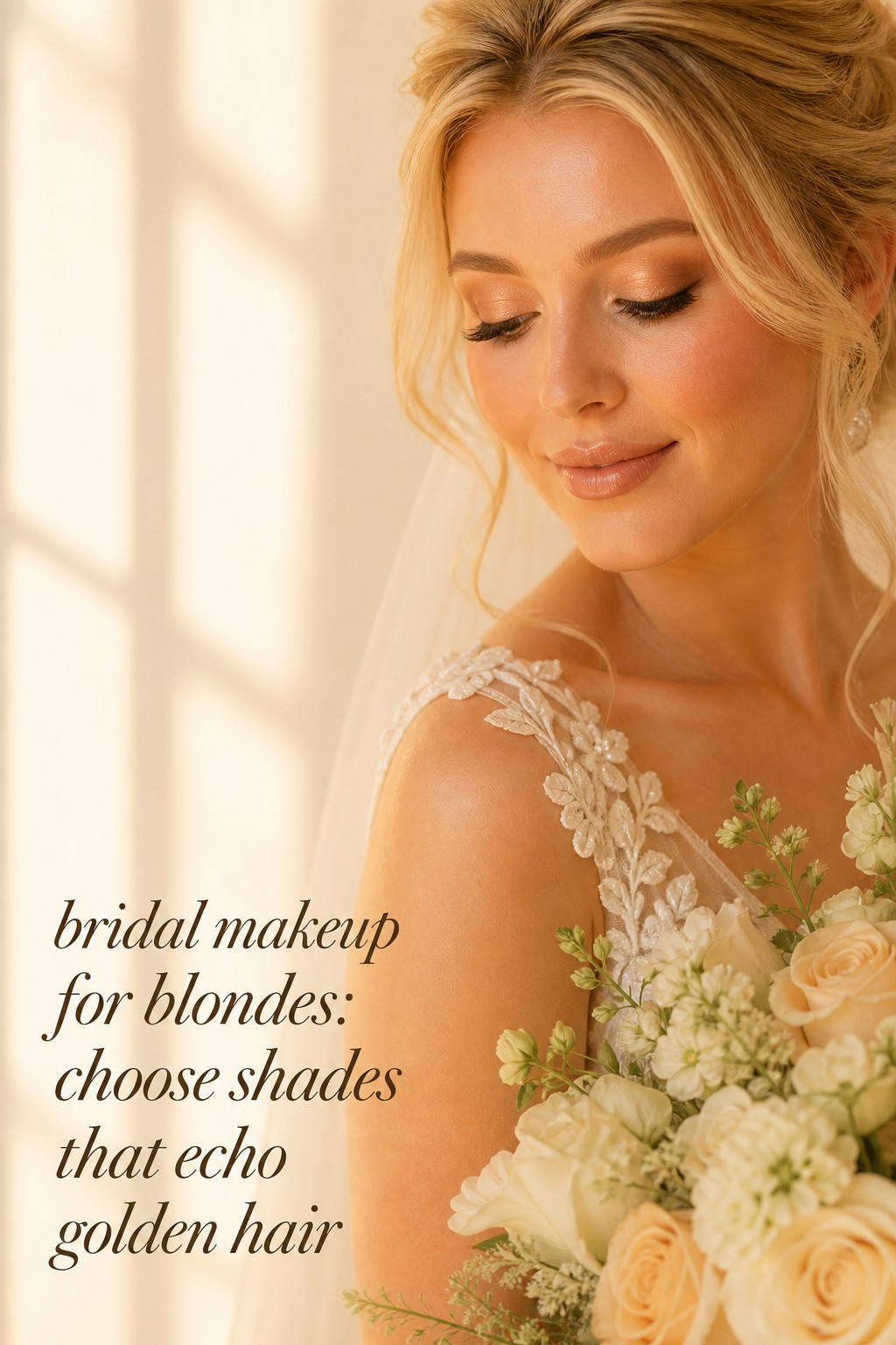 Bridal makeup for blondes with golden hair, peach-gold eyeshadow, and cream flowers