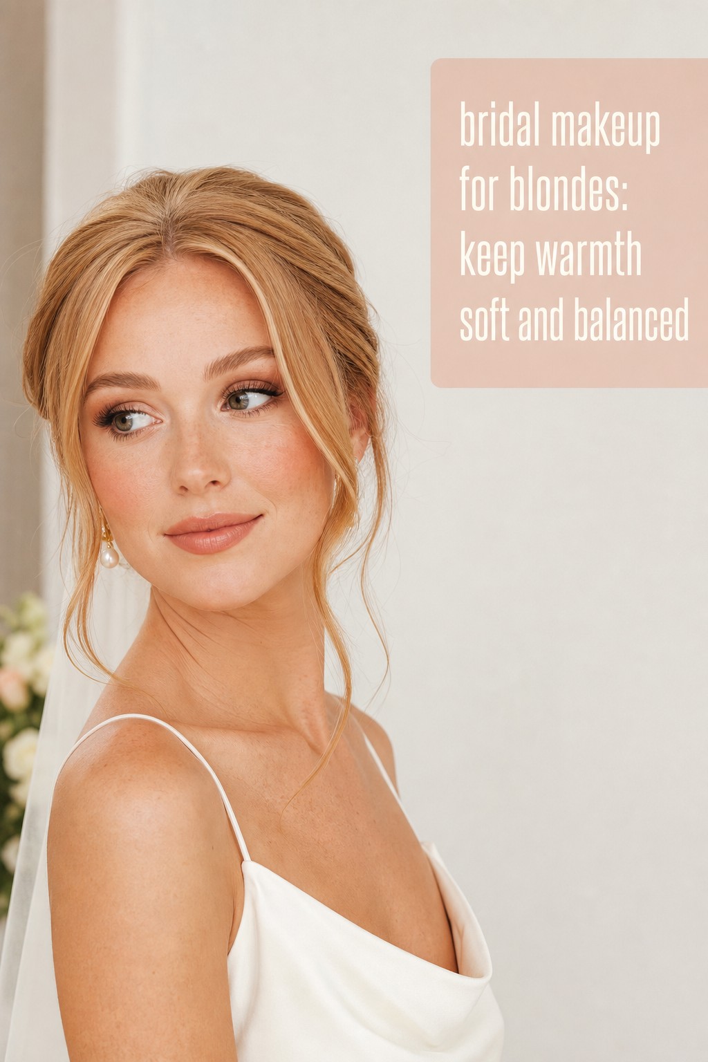 Bridal makeup for blondes with strawberry blonde hair, peach blush, and pearl earrings