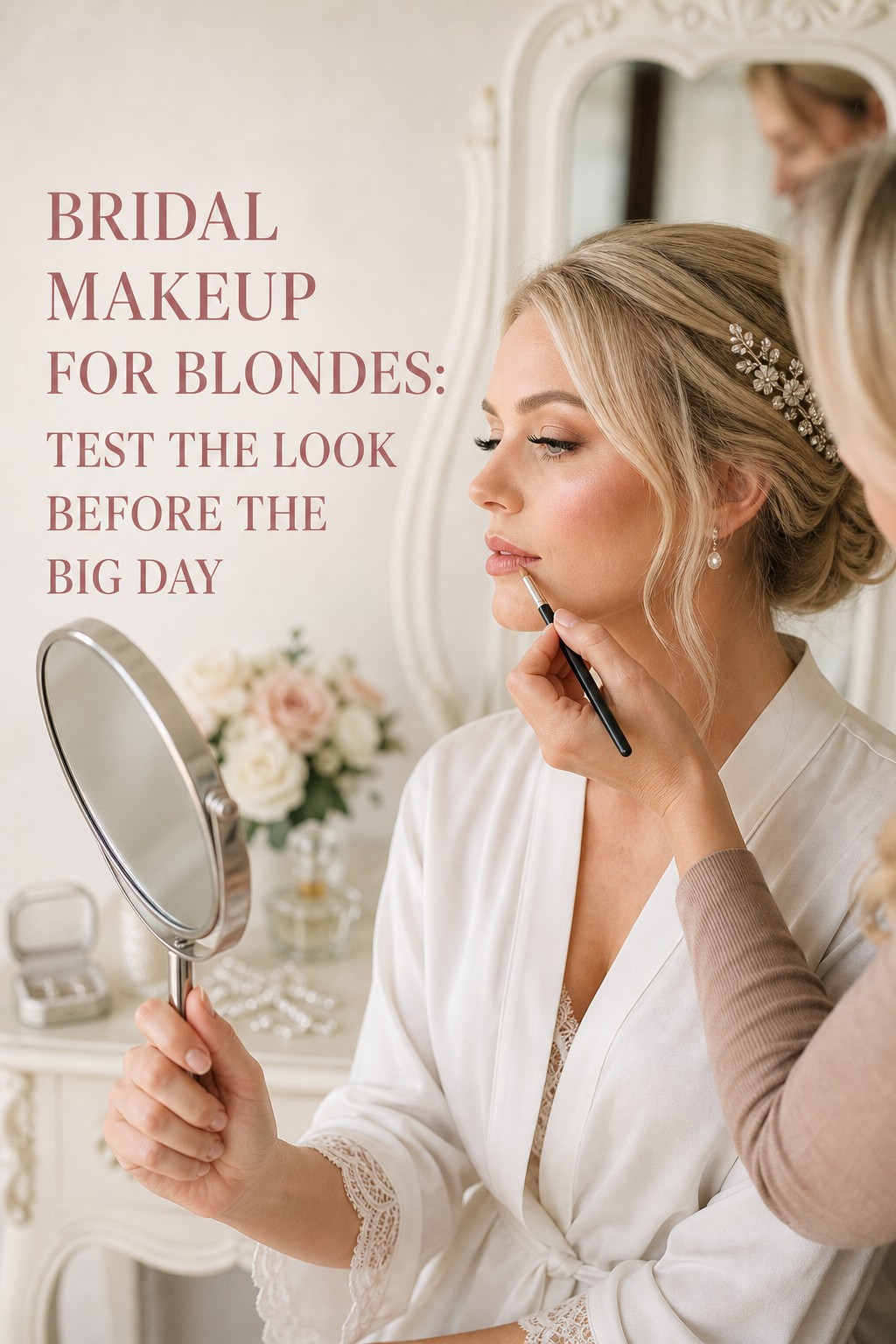 Bridal makeup for blondes during a makeup trial with a mirror and soft rose lipstick