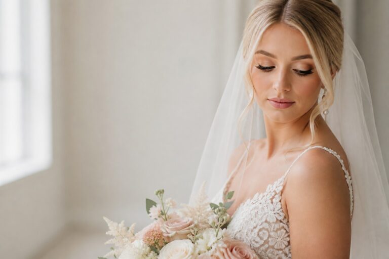 Blonde bride with luminous bridal makeup, ivory veil, and soft flowers