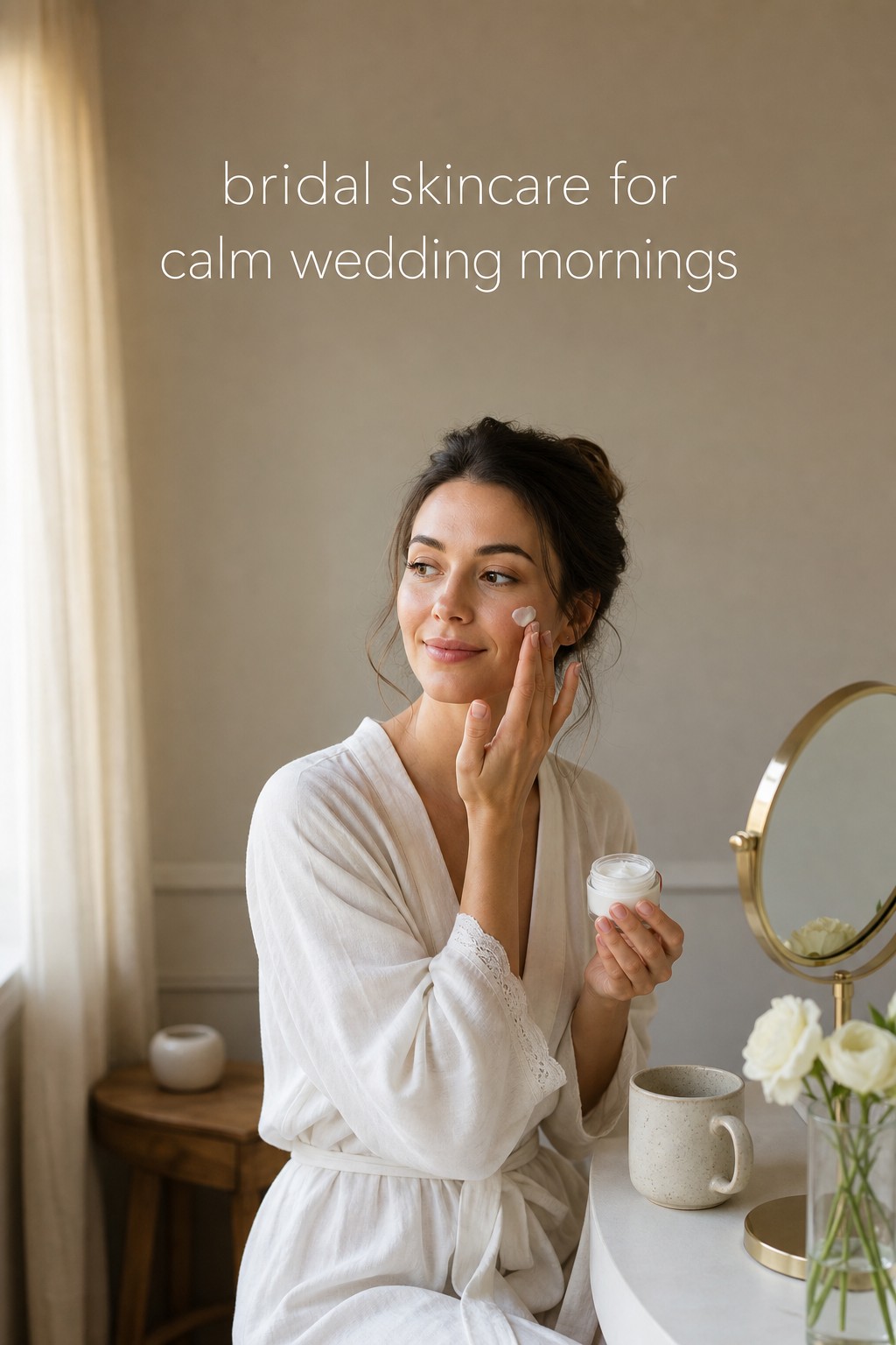 Bridal skincare routine in a calm wedding morning vanity scene