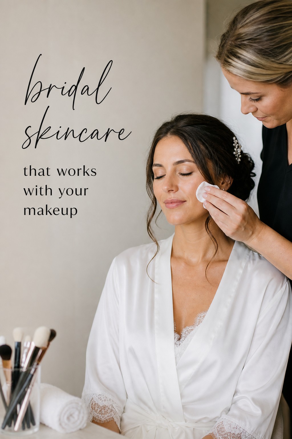 Makeup artist applying gentle bridal skincare before wedding makeup