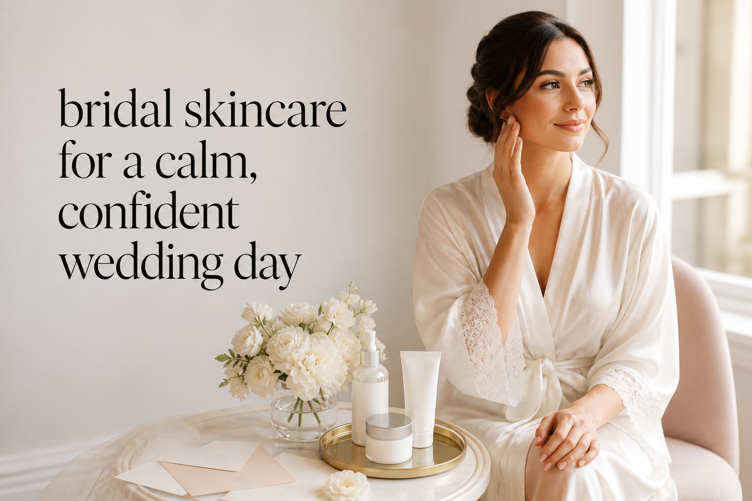 Bridal skincare products and bride preparing beside a sunny wedding window