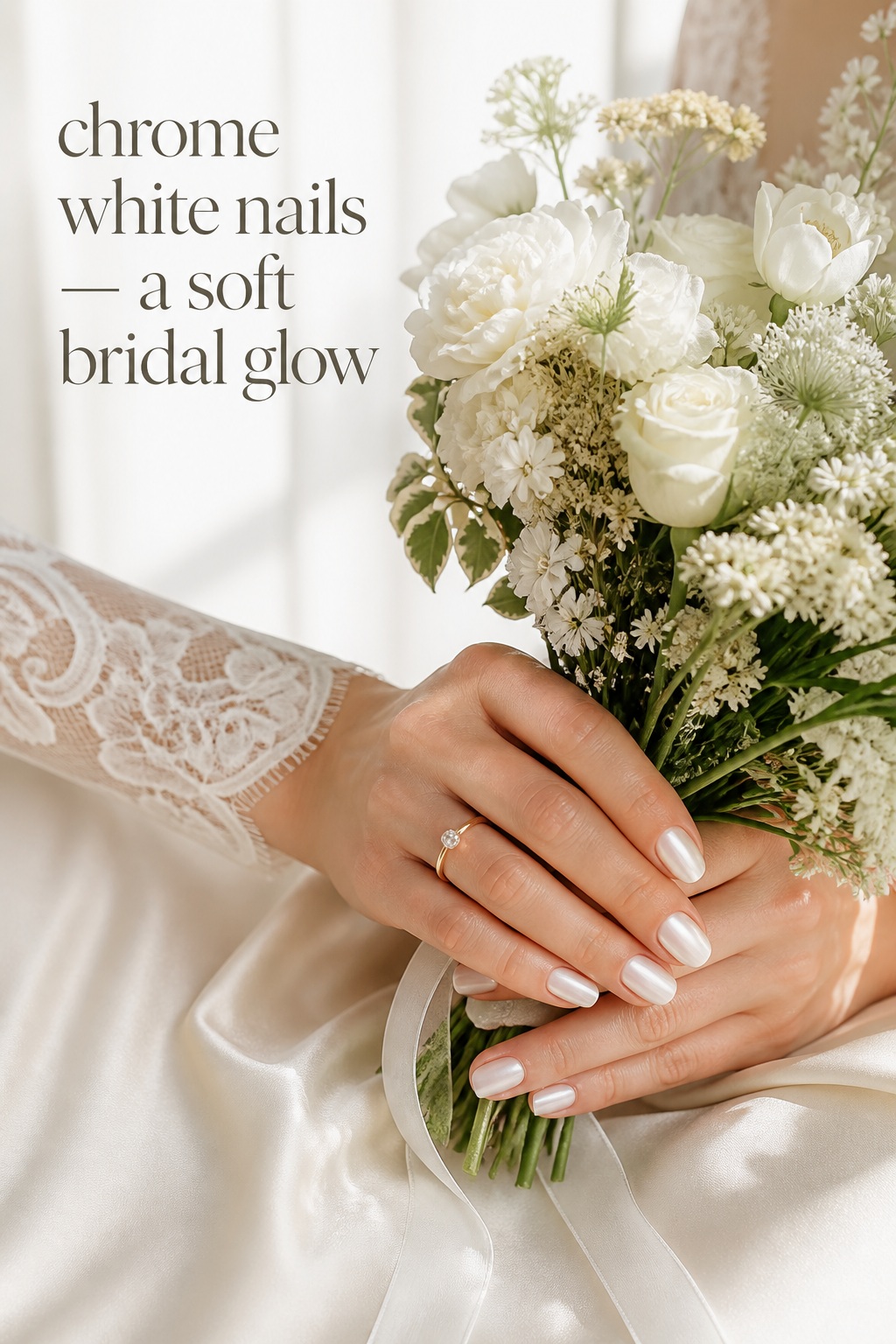 Chrome white nails with a soft pearl bridal glow beside a white bouquet