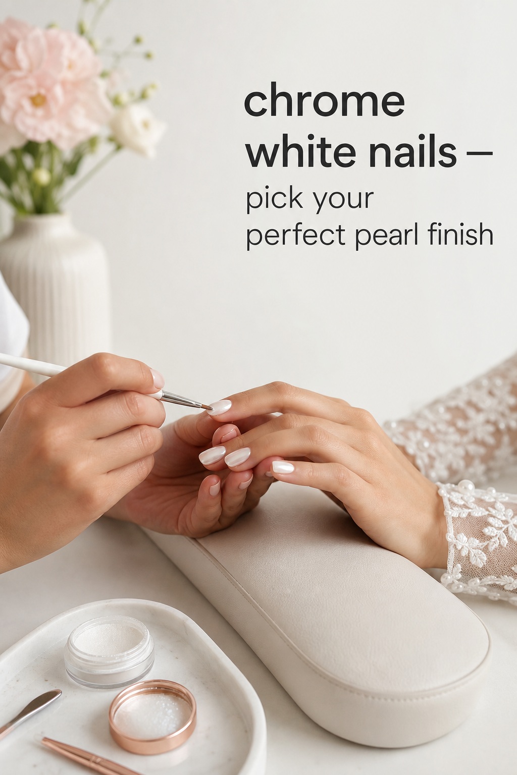 Nail artist applying chrome white nails with a pearl finish