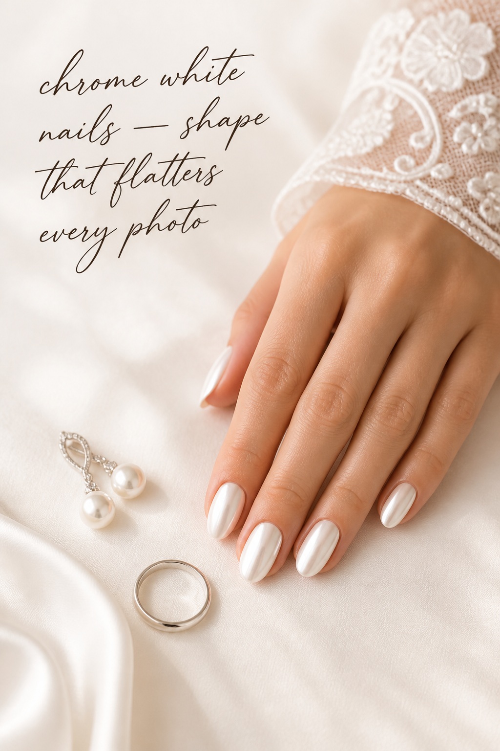 Almond chrome white nails beside pearls and wedding jewelry