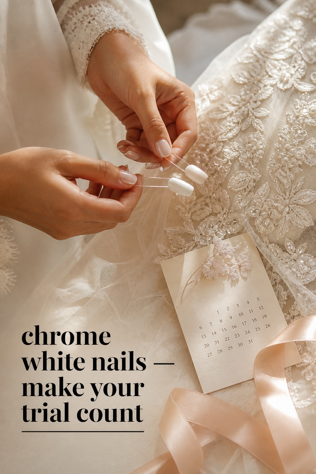 Bride comparing chrome white nails during a wedding manicure trial