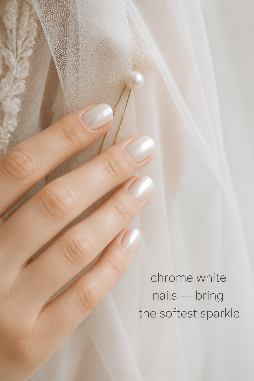 Short squoval chrome white nails touching a bridal veil and pearl pin
