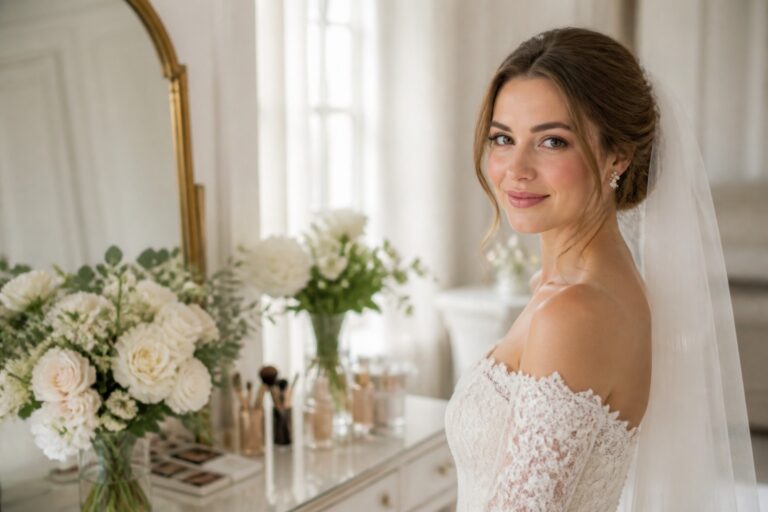 clean bridal makeup bride in an ivory dress with fresh skin and white flowers