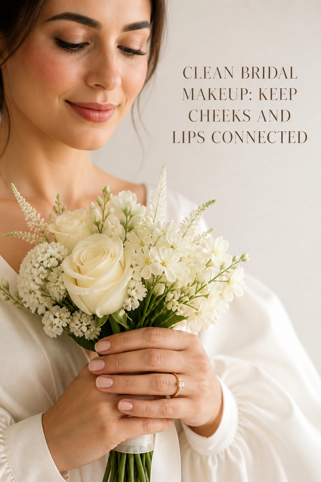 clean bridal makeup rosy cheeks and lips with an ivory bouquet and wedding ring