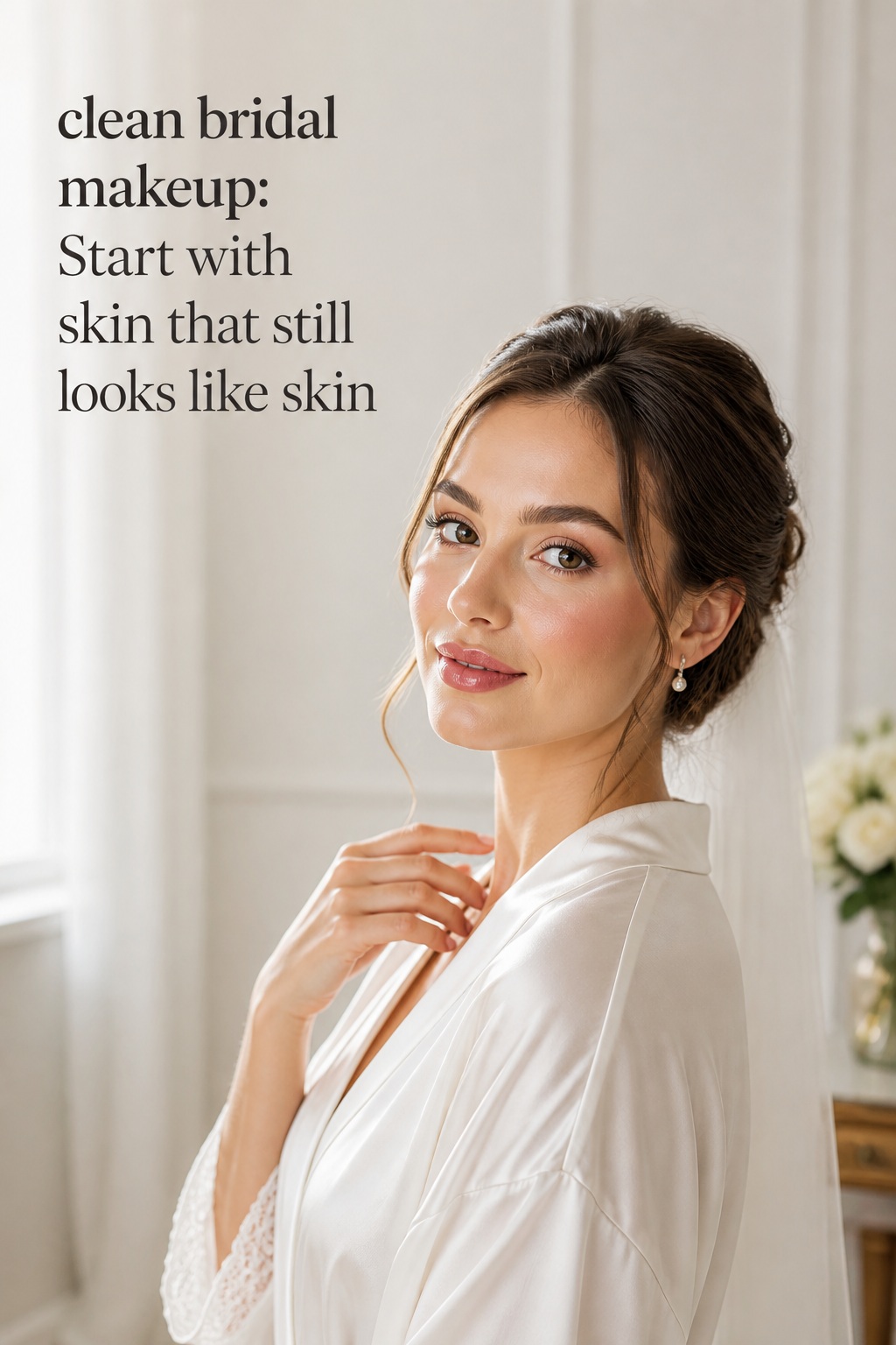 clean bridal makeup on a bride with fresh skin, brushed brows, rosy blush, and glossy pink lips