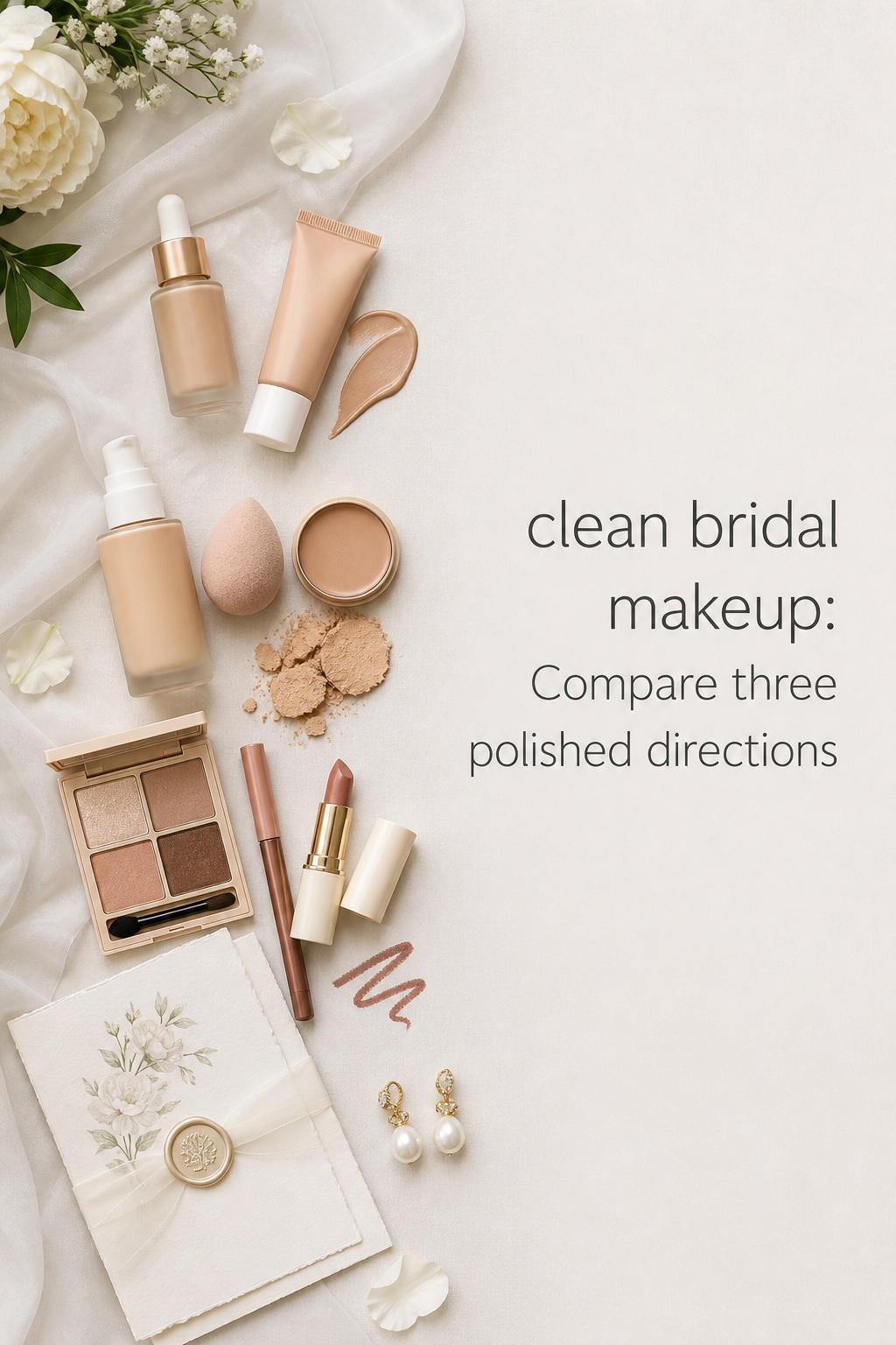 clean bridal makeup comparison with sheer base, balanced complexion, neutral eyes, and soft lip products