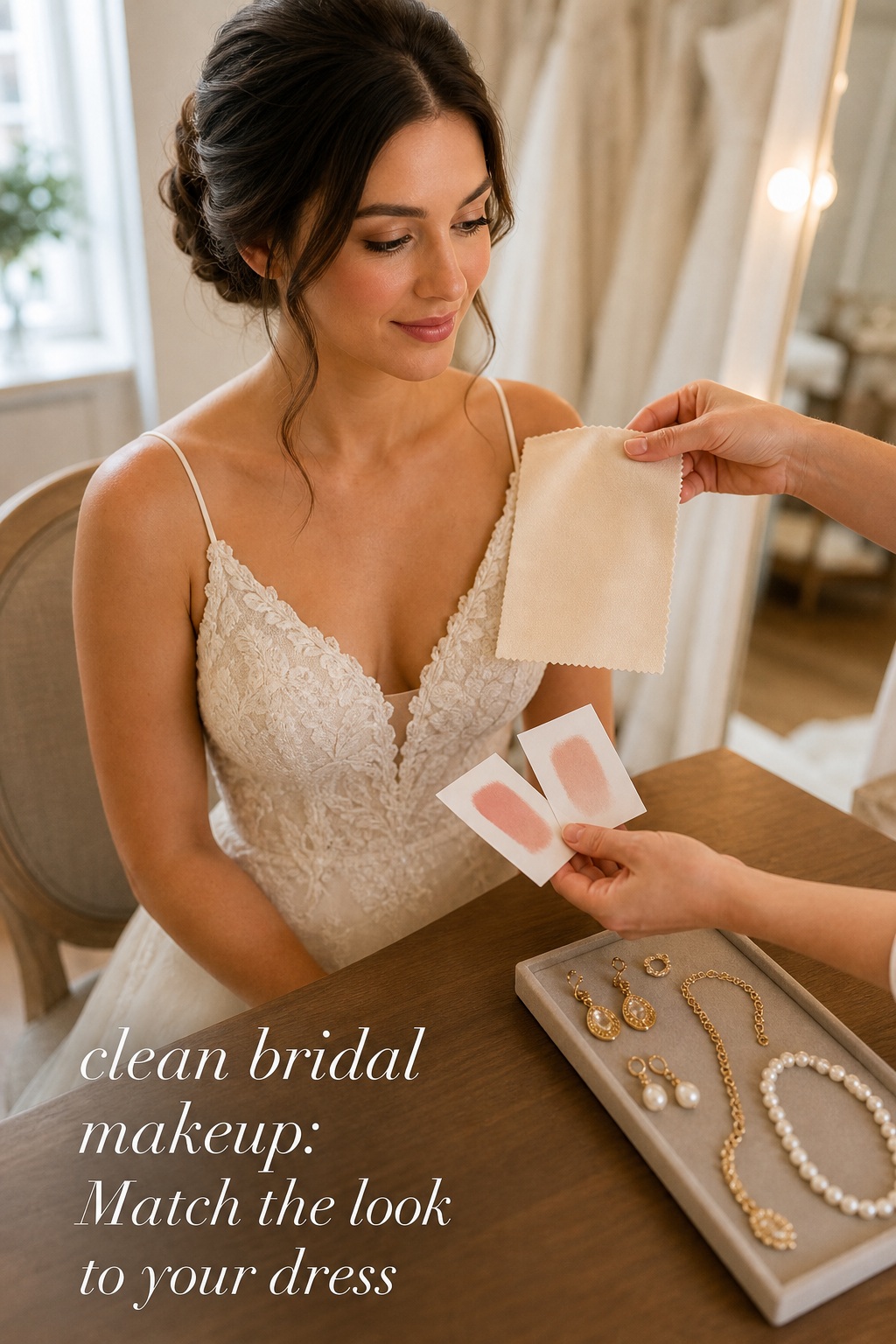 clean bridal makeup trial with a bride comparing ivory dress fabric, blush swatches, and gold jewelry
