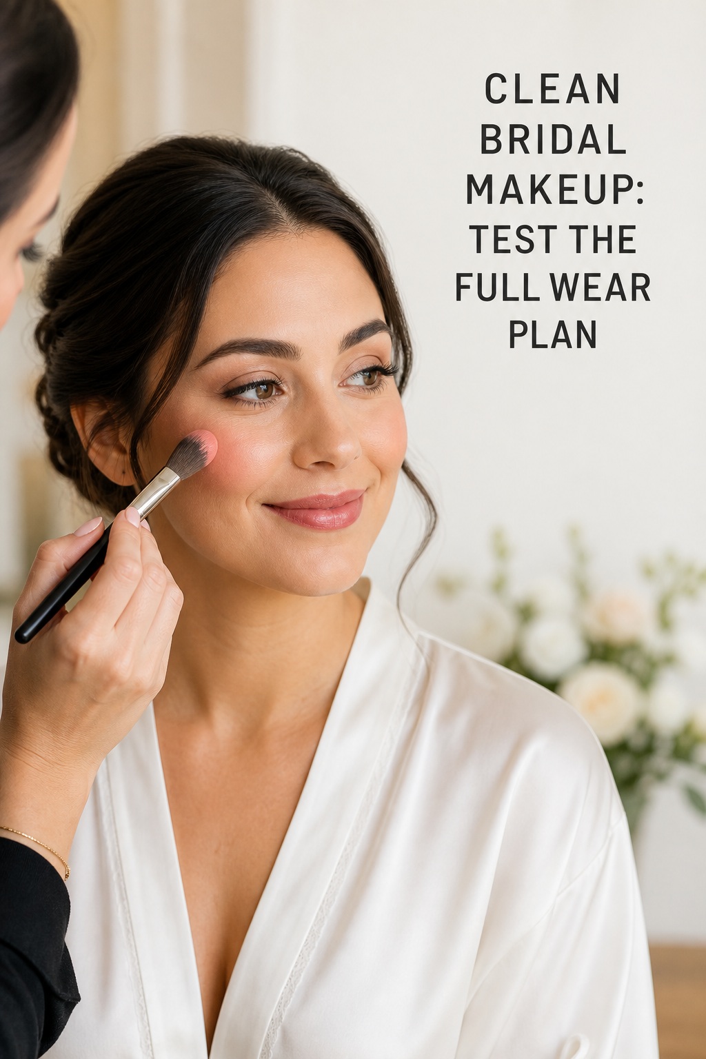 clean bridal makeup trial with a makeup artist applying soft cream blush to a smiling bride