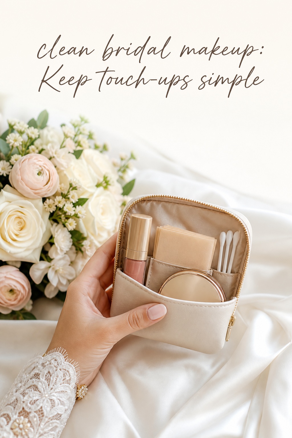 clean bridal makeup touch-up kit with lip color, blotting papers, compact, cotton swabs, and bridal bouquet
