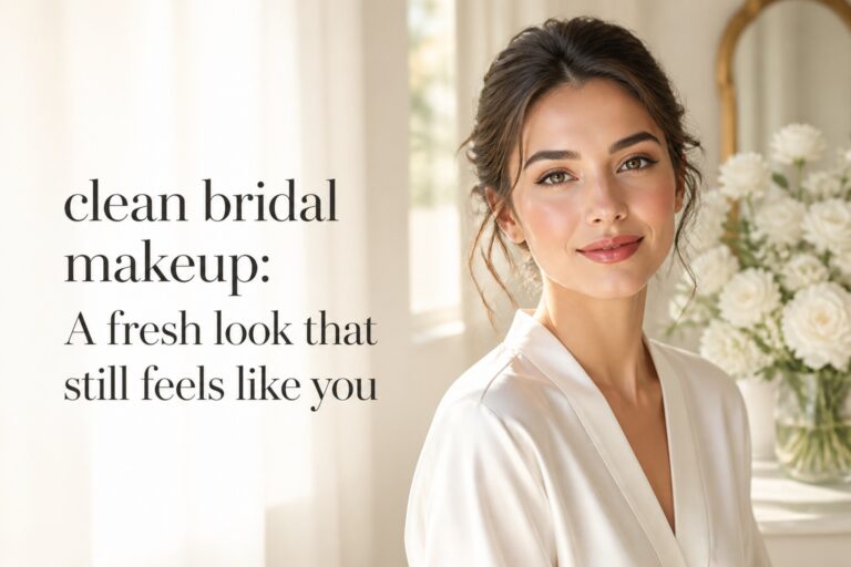 clean bridal makeup on a modern bride with luminous skin, soft neutral eyes, rosy blush, and glossy rose lips